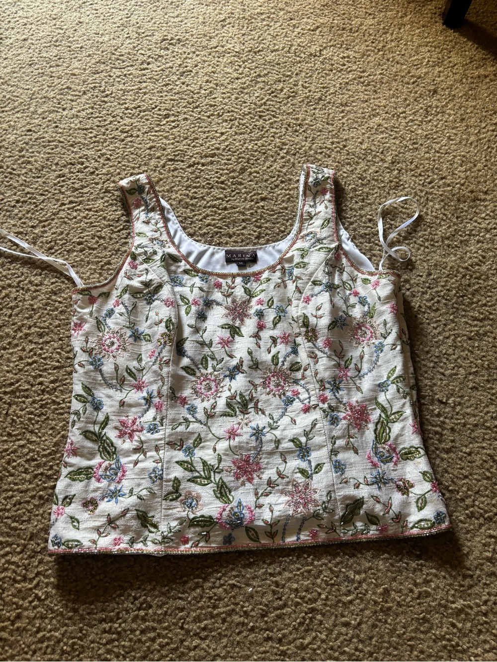 Vintage Marina Bresler Floral Beaded Silk Embroidered Top Size 14 Cottagecore